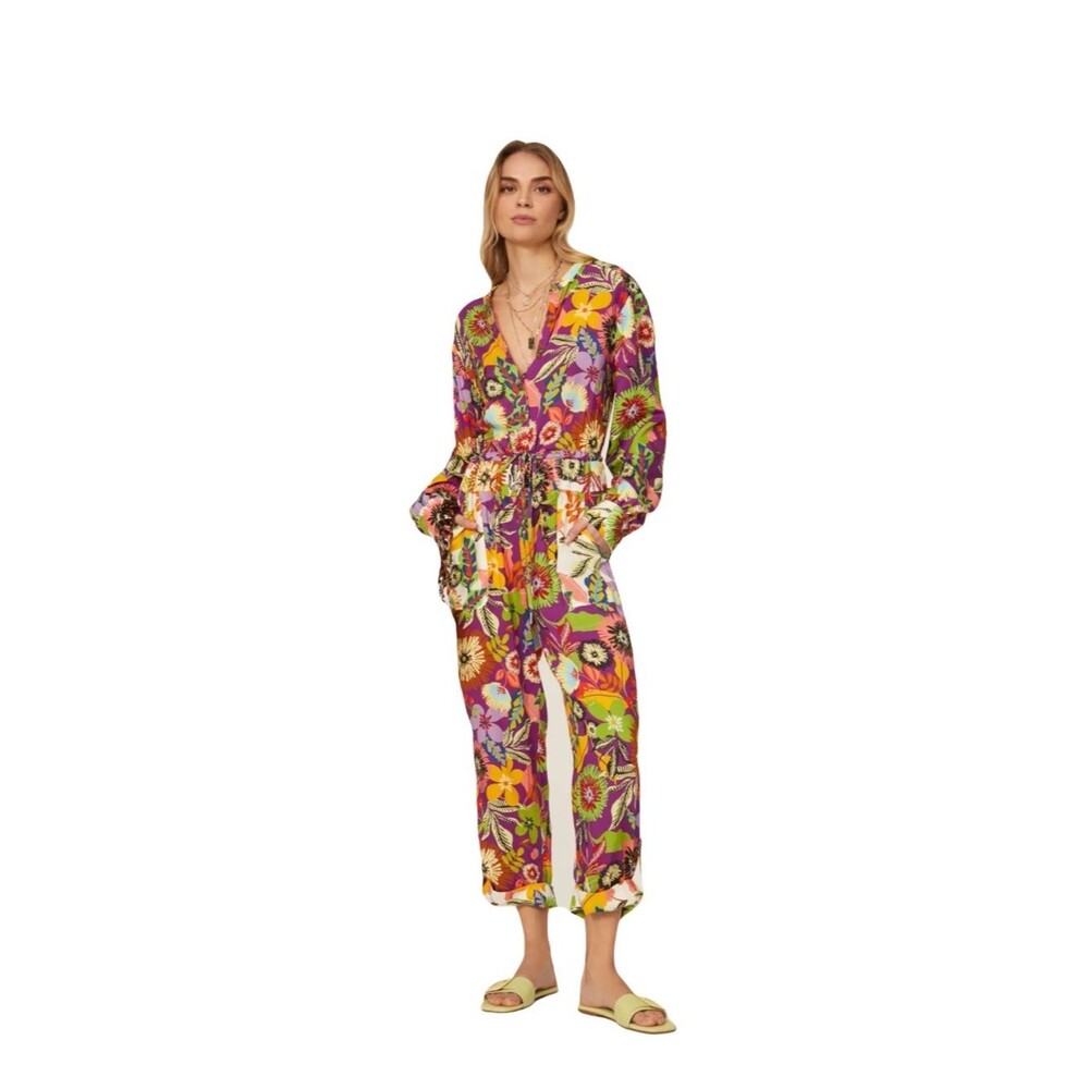 Le Superbe Multi color floral jumpsuit lightweight pockets long sleeves RTR EUC